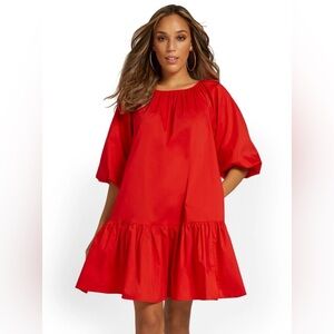 New York & Company Red Poplin Shift Dress XL Puff Sleeve Tiered Ruffle NWT